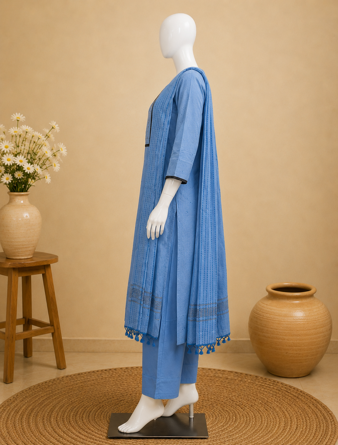 Powder Blue Solid Cotton Dupatta Set