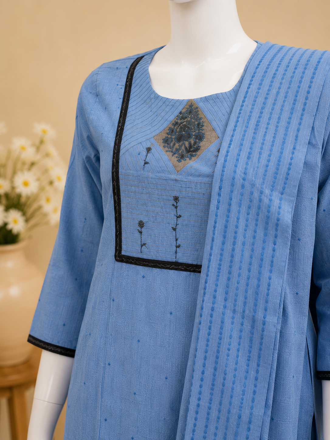 Powder Blue Solid Cotton Dupatta Set