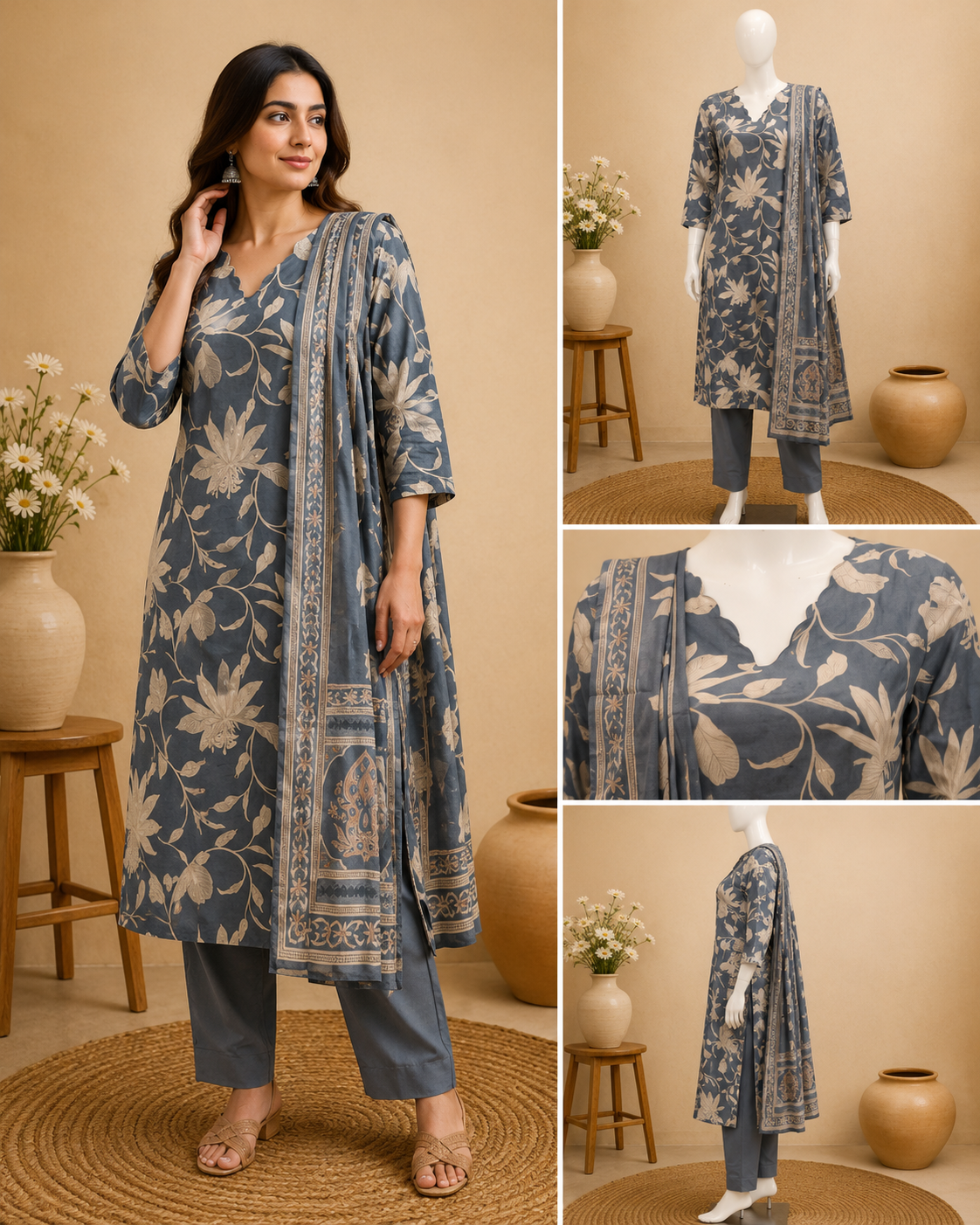 Slate Blue Cotton Kurti Set with Floral Print Dupatta Set
