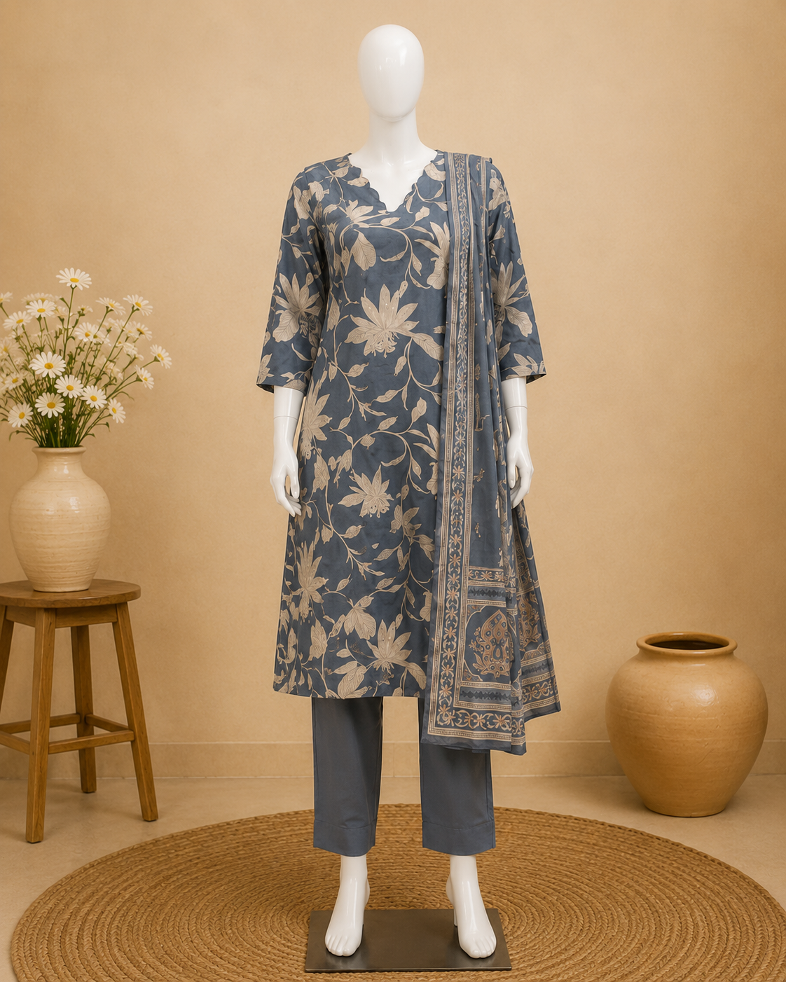 Slate Blue Cotton Kurti Set with Floral Print Dupatta Set