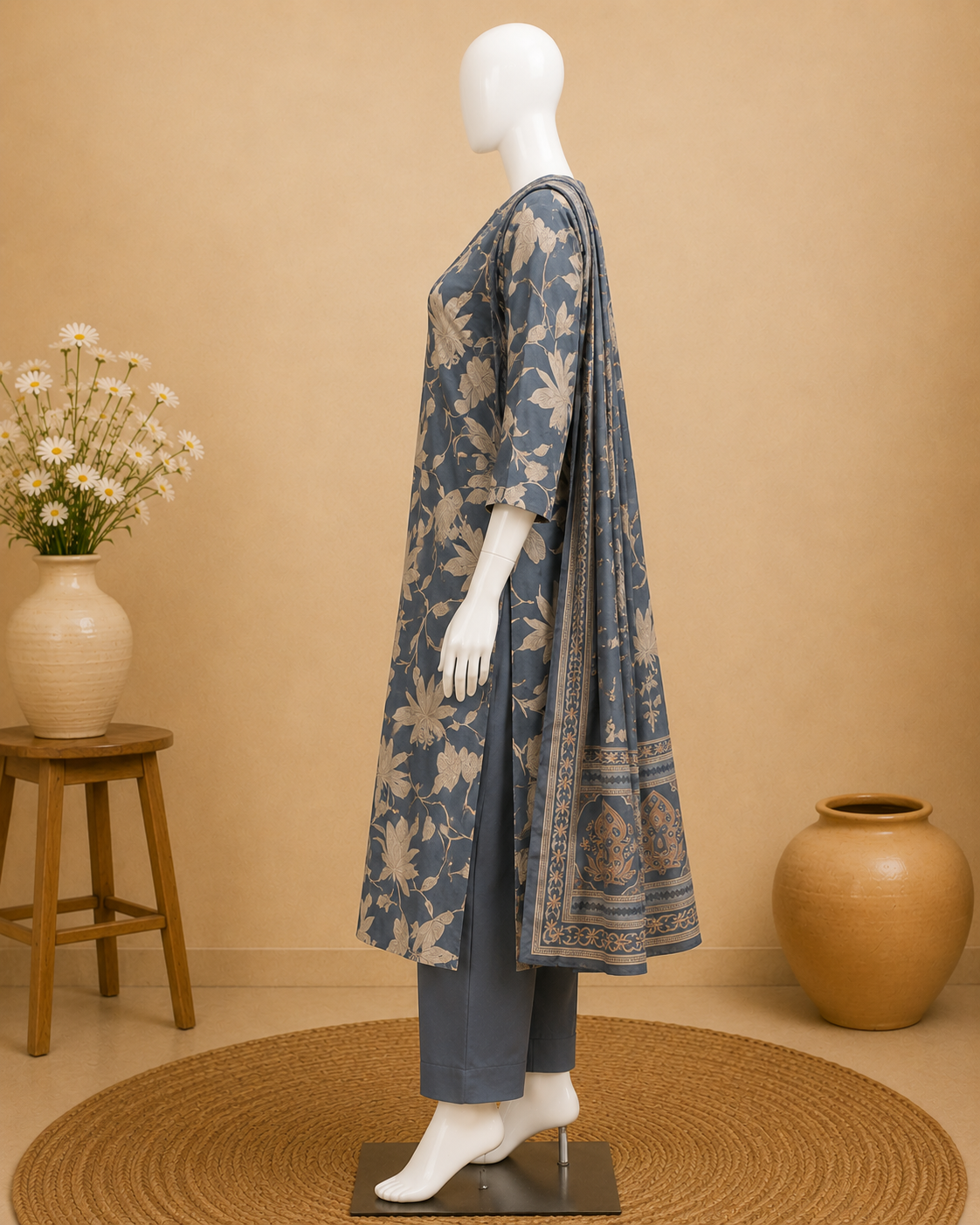 Slate Blue Cotton Kurti Set with Floral Print Dupatta Set