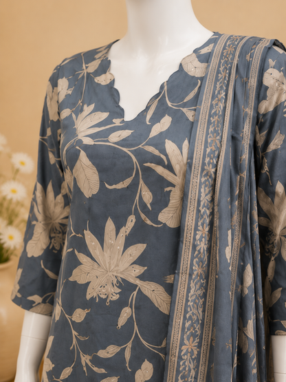 Slate Blue Cotton Kurti Set with Floral Print Dupatta Set