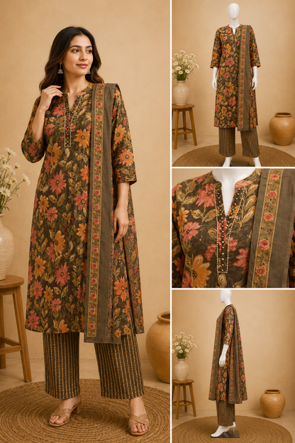 Brown Floral Printed Cotton Kurta Set with Dupatta