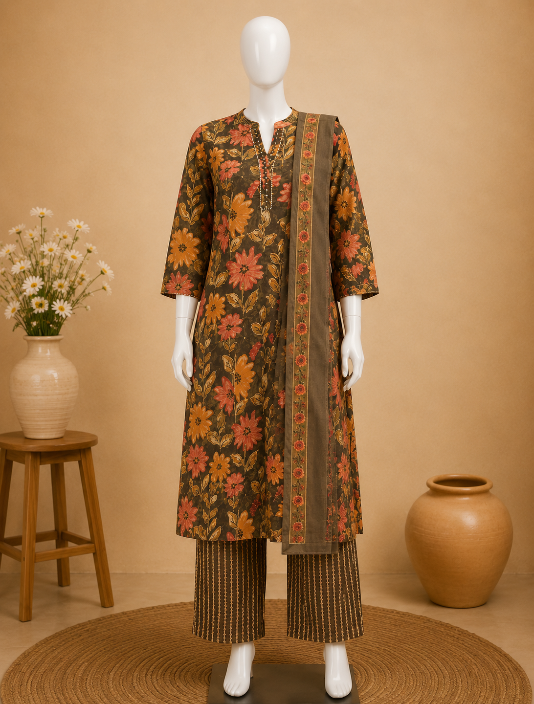 Brown Floral Printed Cotton Kurta Set with Dupatta