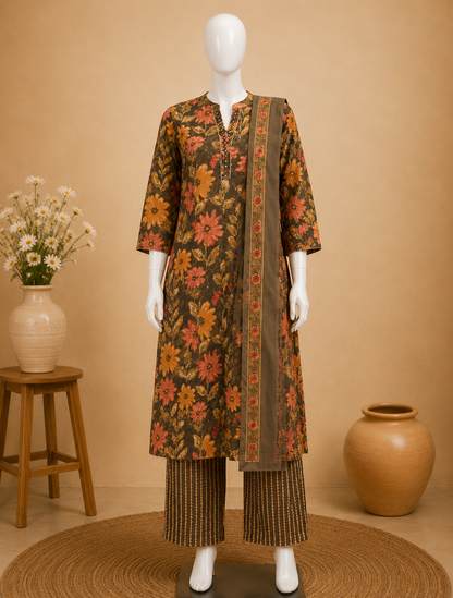 Brown Floral Printed Cotton Kurta Set with Dupatta