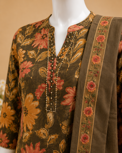 Brown Floral Printed Cotton Kurta Set with Dupatta