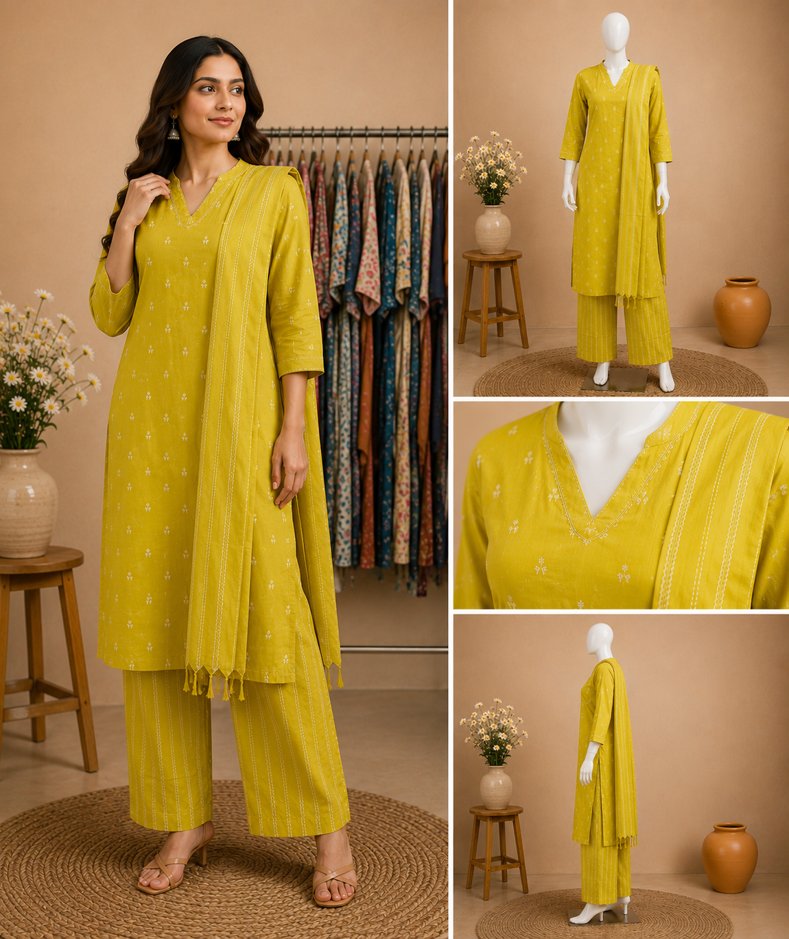 Mustard Yellow Cotton Kurti Set with Dupatta