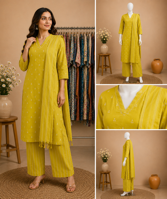 Mustard Yellow Cotton Kurti Set with Dupatta