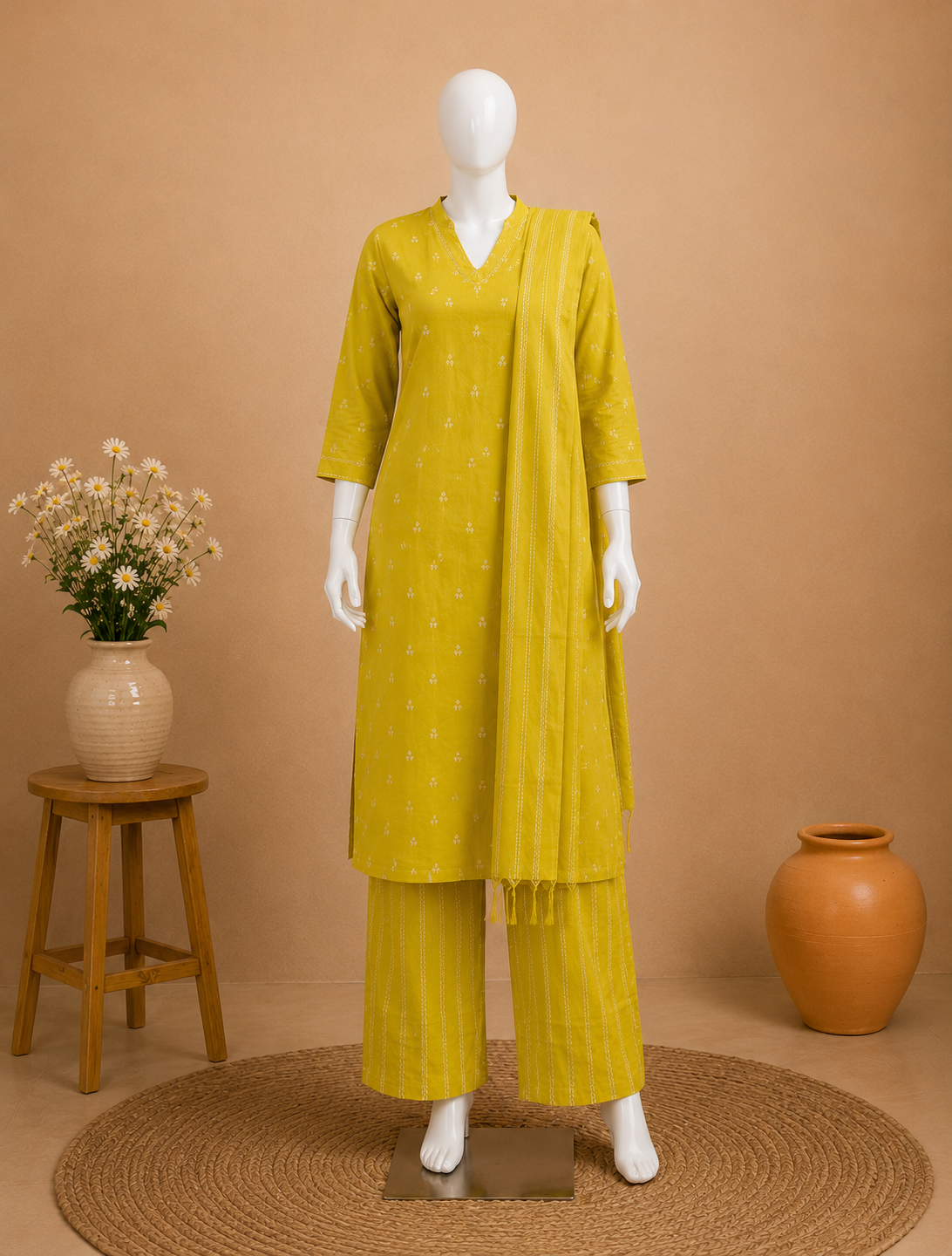Mustard Yellow Cotton Kurti Set with Dupatta