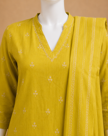 Mustard Yellow Cotton Kurti Set with Dupatta