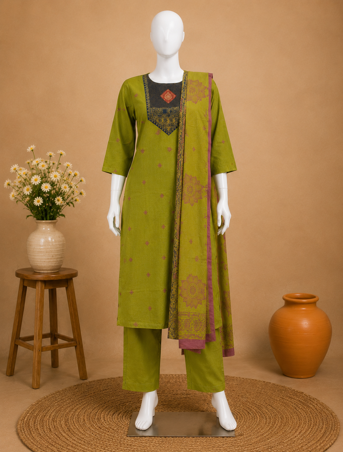 Parrot  Green Printed Cotton Kurta Set with Dupatta Set