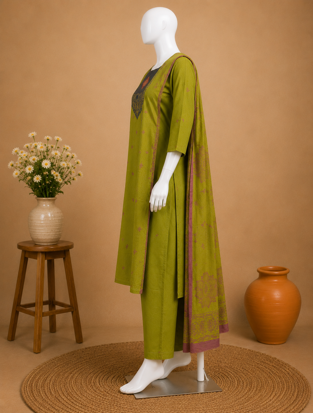 Parrot  Green Printed Cotton Kurta Set with Dupatta Set