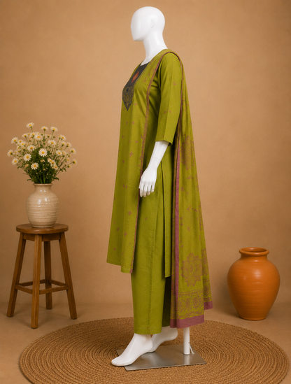 Parrot  Green Printed Cotton Kurta Set with Dupatta Set