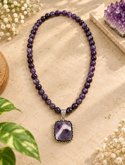 Natural purple Amethyst crystal bead necklace with rectangular Amethyst pendant and silver-tone setting