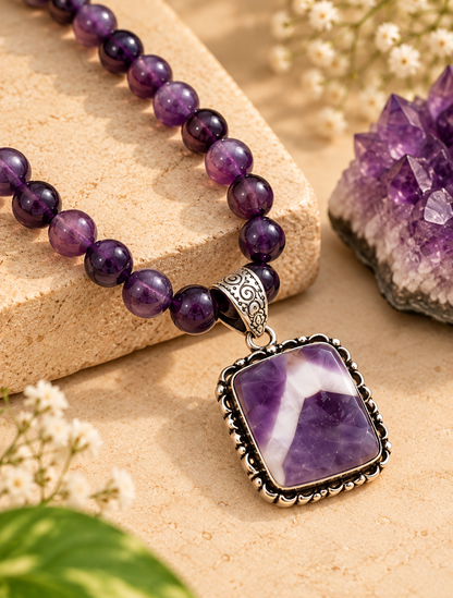 Natural purple Amethyst crystal bead necklace with rectangular Amethyst pendant and silver-tone setting