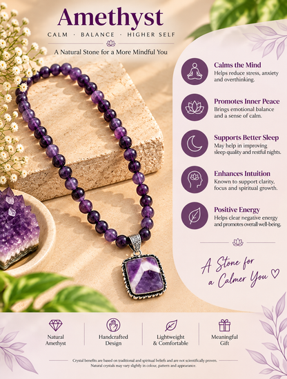 Natural purple Amethyst crystal bead necklace with rectangular Amethyst pendant and silver-tone setting