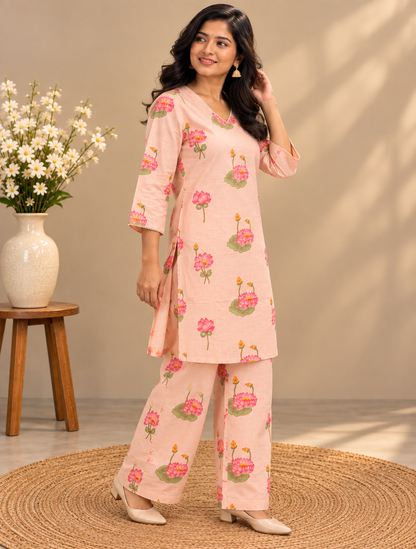 Pink Lotus Print Cotton Farsi Pant Set