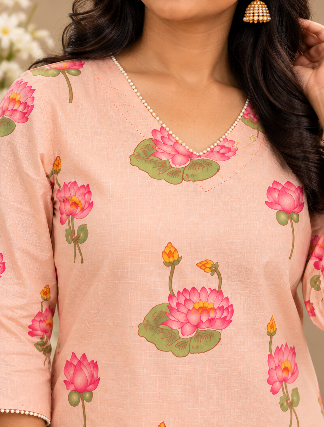 Pink Lotus Print Cotton Farsi Pant Set