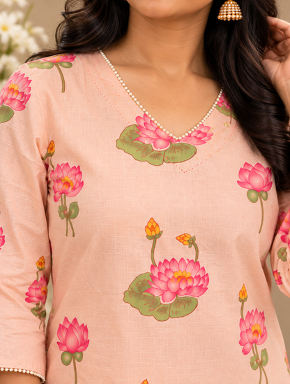 Pink Lotus Print Cotton Farsi Pant Set