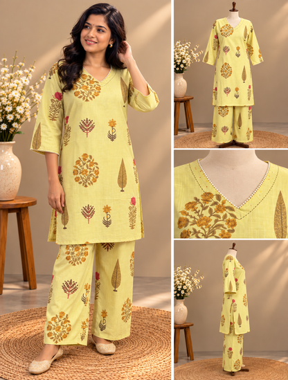 Pastel Yellow Floral Print Cotton Farsi Pant Set