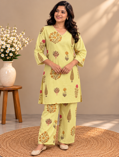Pastel Yellow Floral Print Cotton Farsi Pant Set
