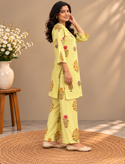 Pastel Yellow Floral Print Cotton Farsi Pant Set