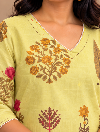 Pastel Yellow Floral Print Cotton Farsi Pant Set