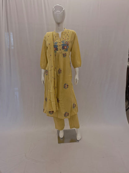 Yellow floral outfit on a mannequin against a white background