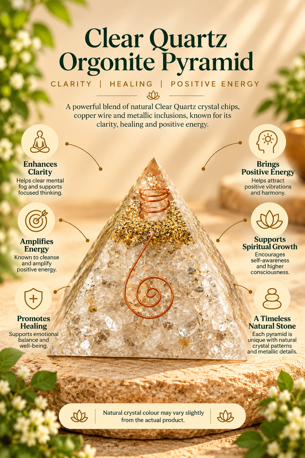 Clear Quartz Orgonite Pyramid - Crystal Energy & Meditation Decor -3 × 3 Inch