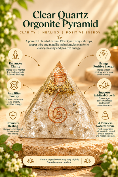 Clear Quartz Orgonite Pyramid - Crystal Energy & Meditation Decor -3 × 3 Inch