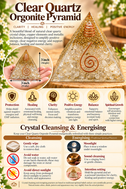 Clear Quartz Orgonite Pyramid - Crystal Energy & Meditation Decor -3 × 3 Inch