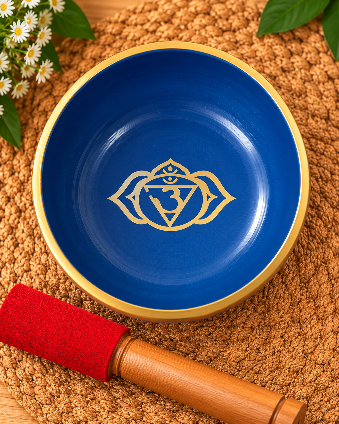 Top view of a blue chakra singing bowl with a golden rim and gold chakra symbol engraved inside, accompanied by a red-tipped wooden mallet on a natural jute mat.