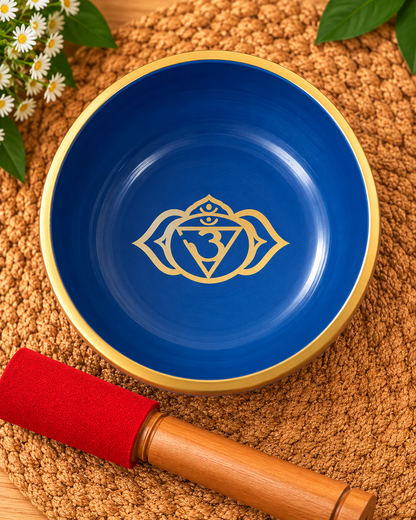 Top view of a blue chakra singing bowl with a golden rim and gold chakra symbol engraved inside, accompanied by a red-tipped wooden mallet on a natural jute mat.