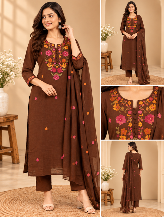 Coffee brown embroidered kurta pant set with multicolour floral embroidery, matching pants and printed dupatta for women by Udojas Sutra.