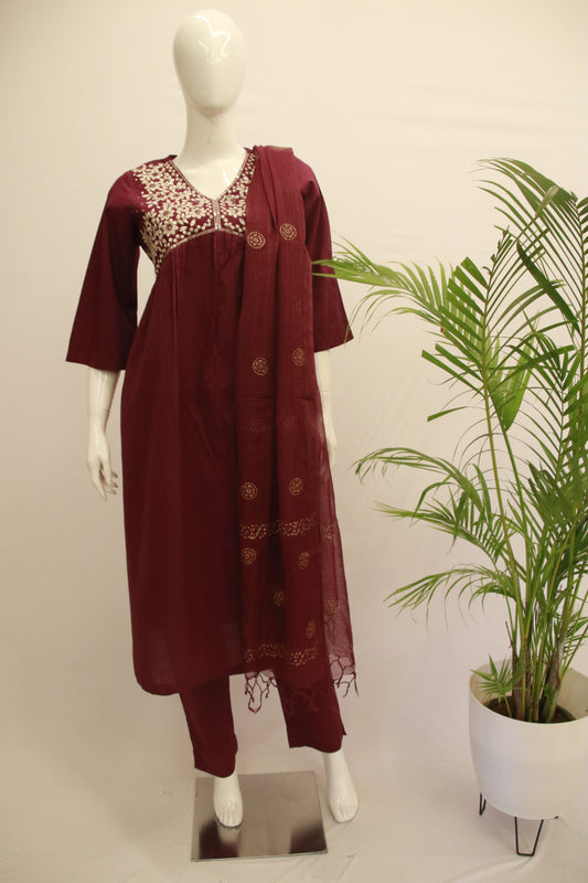 Wine Cotton  Dupatta Set