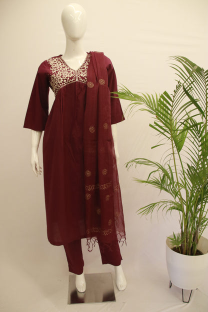 Wine Cotton  Dupatta Set