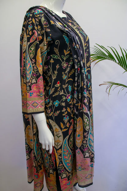 Cotton Black Floral Printed Dupatta Set