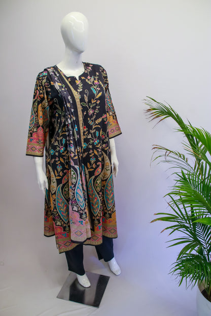 Cotton Black Floral Printed Dupatta Set