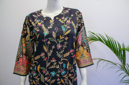 Cotton Black Floral Printed Dupatta Set