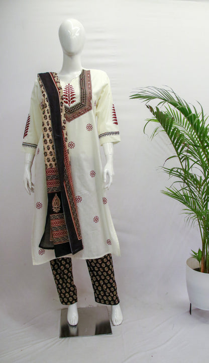 Cotton Black White Dupatta Set
