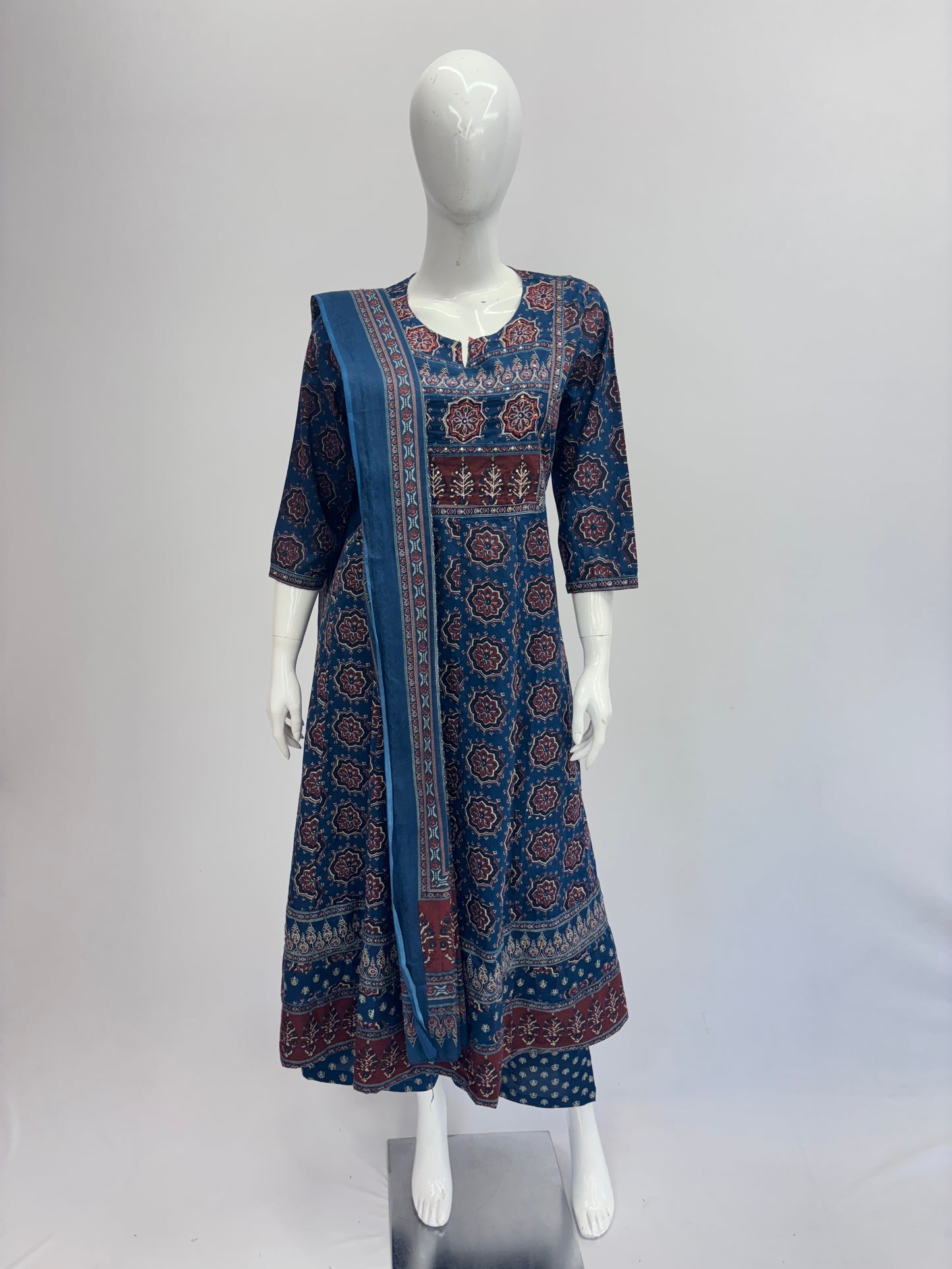 Navy Blue Cotton Ajrakh Dupatta Set – Anarkali Kurta

Cotton Anarkali Kurta with Ajrakh Print Yoke – Navy

Navy Cotton Palazzo Pants with Drawstring Waist

2.5m Ajrakh Print Cotton Dupatta – Blue Suit Set

Casual & Office Wear Cotton Ajrakh Dupatta Set