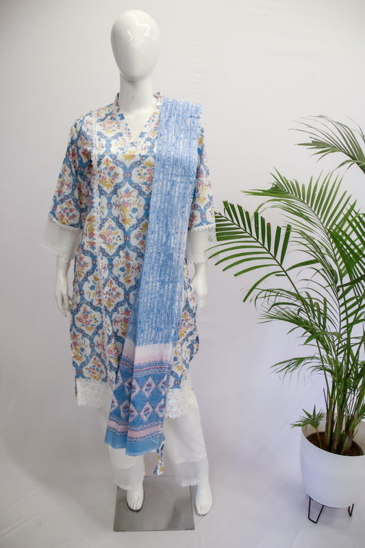 A mannequin displaying a blue and white dupatta set with floral patterns and a V-neck design. The set includes a kurta, pant, and dupatta.
