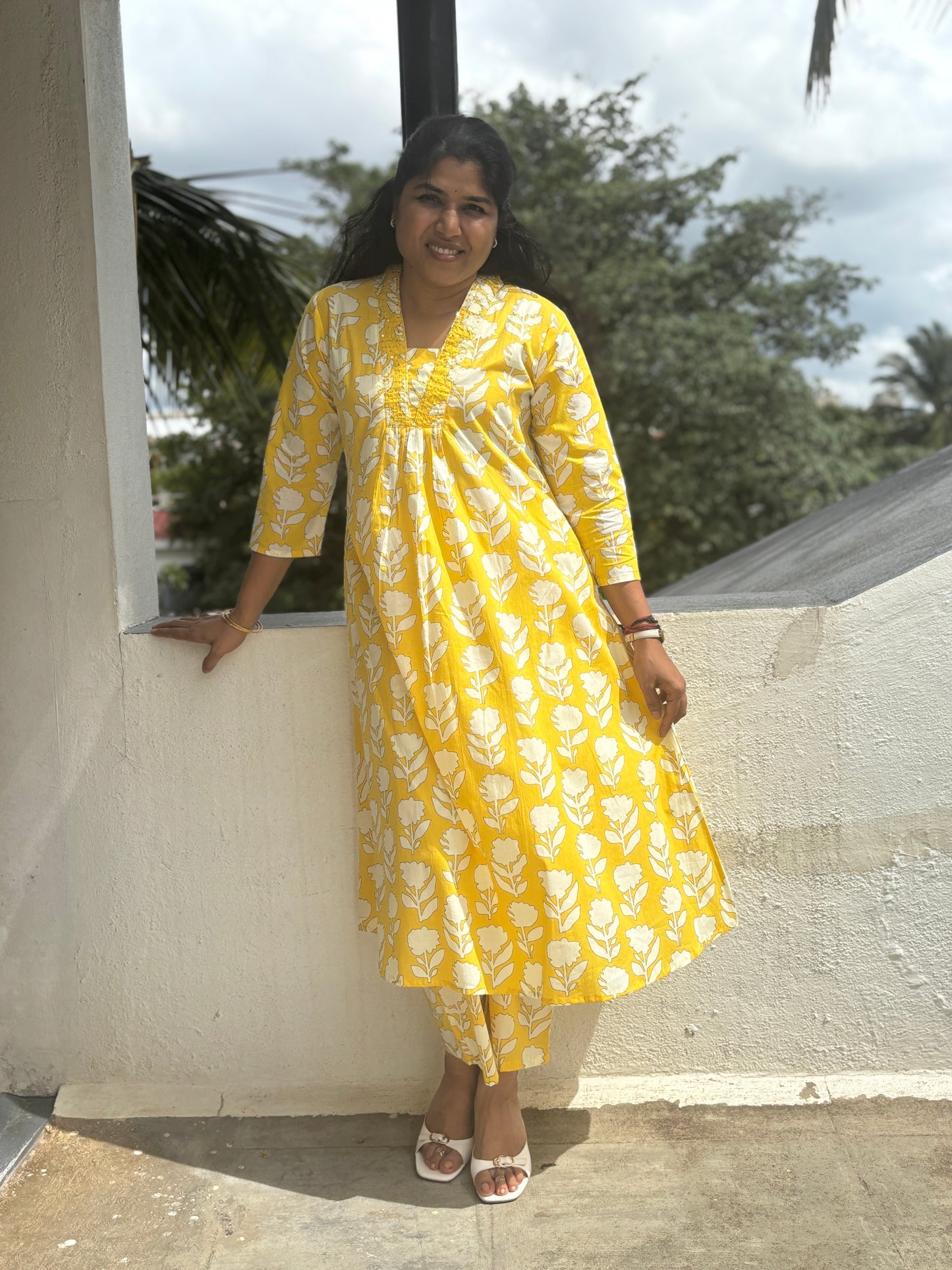 Cotton Floral Yellow Top & Pant Set