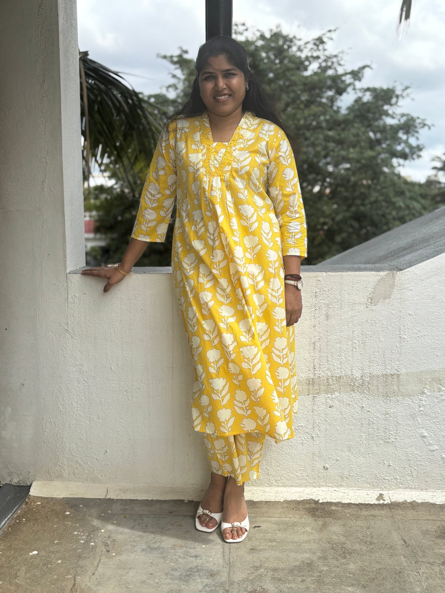 Cotton Floral Yellow Top & Pant Set