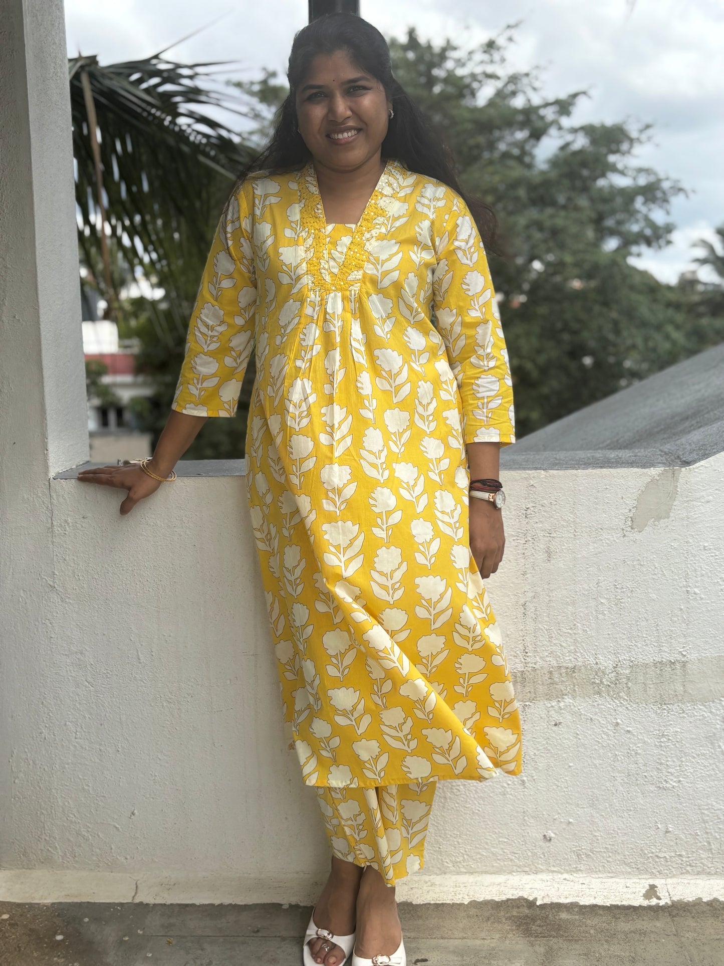 Cotton Floral Yellow Top & Pant Set