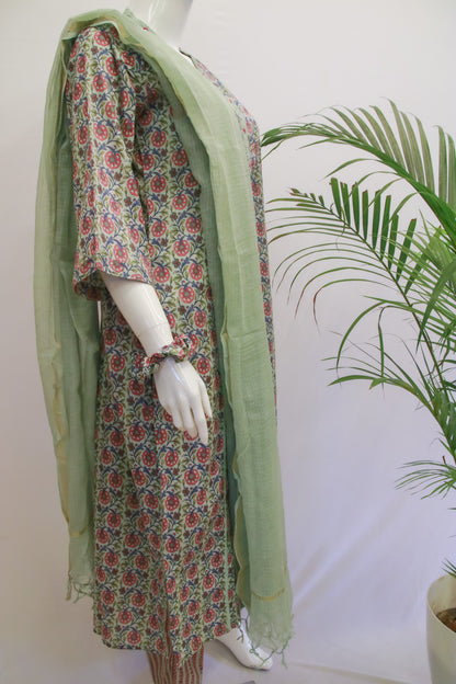 Cotton Green Floral Dupatta Set
