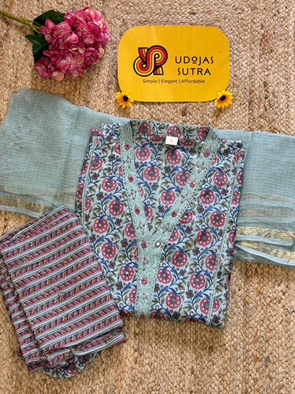 Cotton Green Floral Dupatta Set