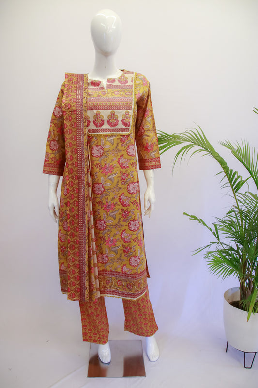 Cotton Lemon Yellow  Dupatta Set