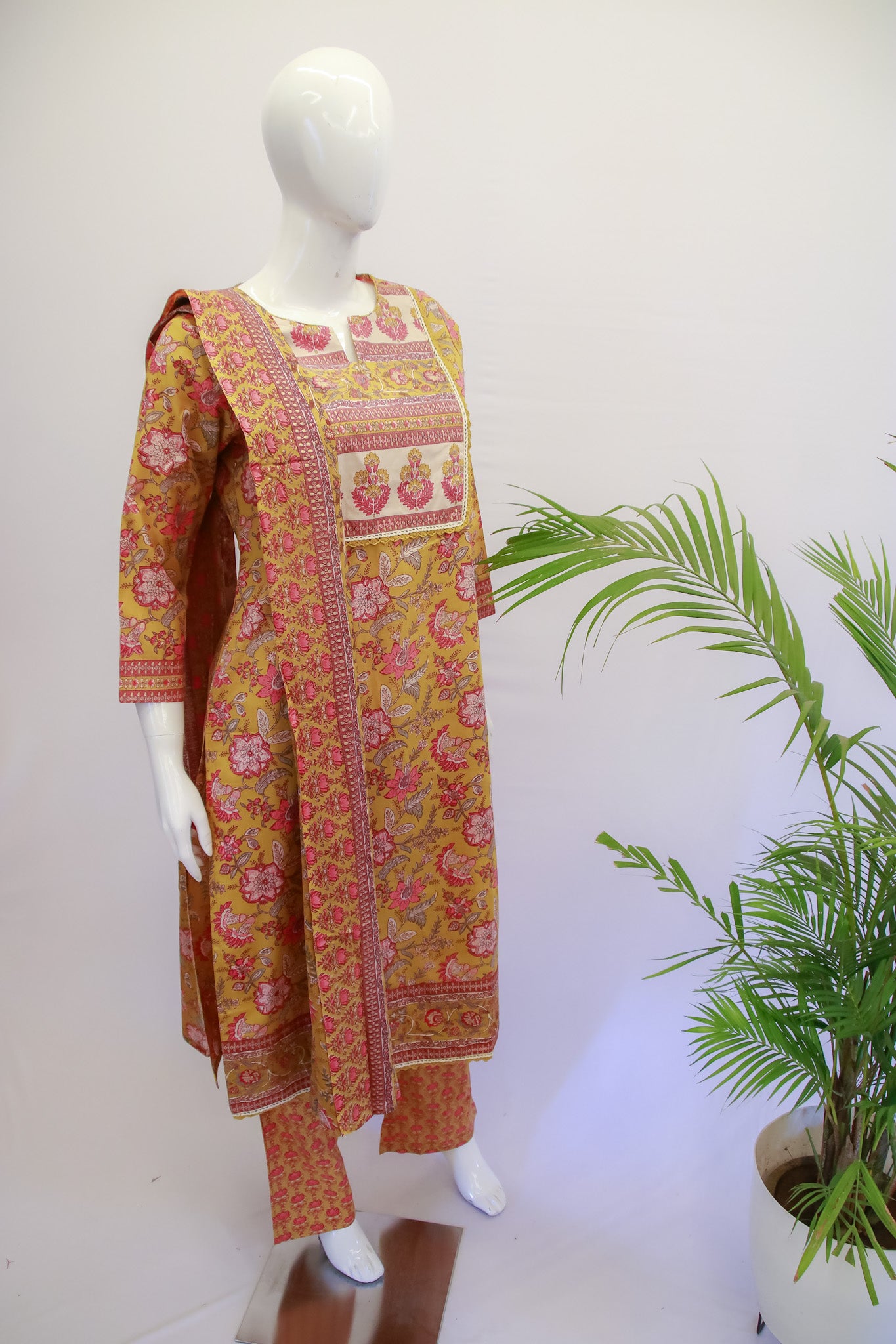 Cotton Lemon Yellow  Dupatta Set