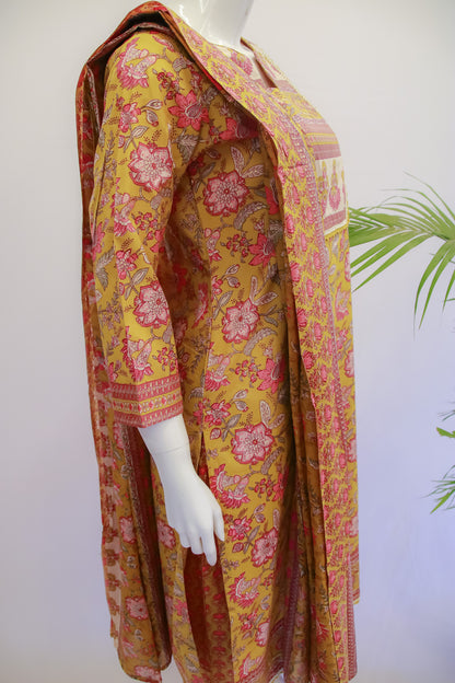 Cotton Lemon Yellow  Dupatta Set